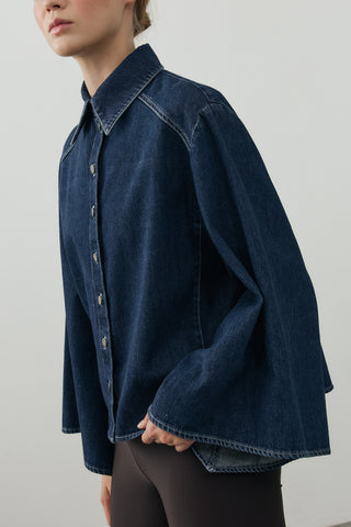 Geniş Kollu Denim Gömlek Koyu Mavi