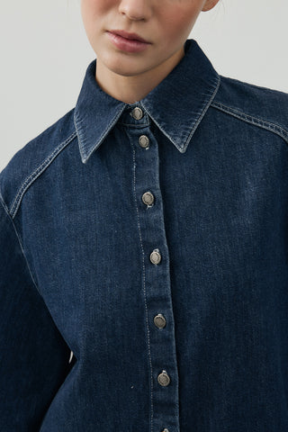 Geniş Kollu Denim Gömlek Koyu Mavi