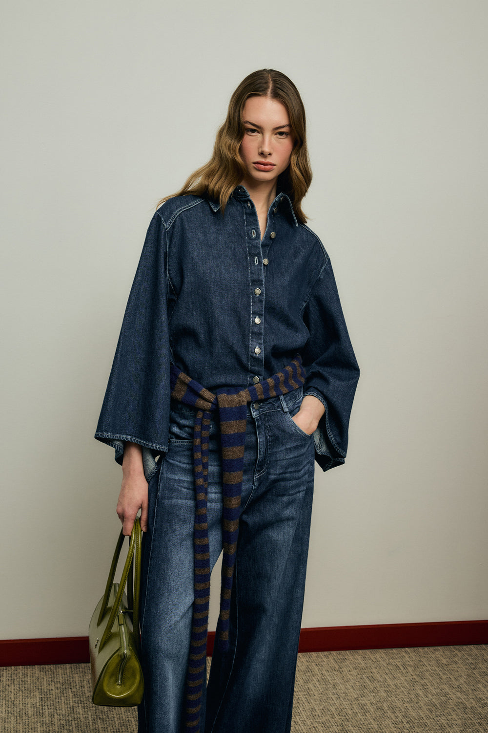 Geniş Kollu Denim Gömlek Koyu Mavi