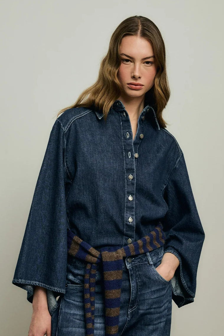 Geniş Kollu Denim Gömlek Koyu Mavi