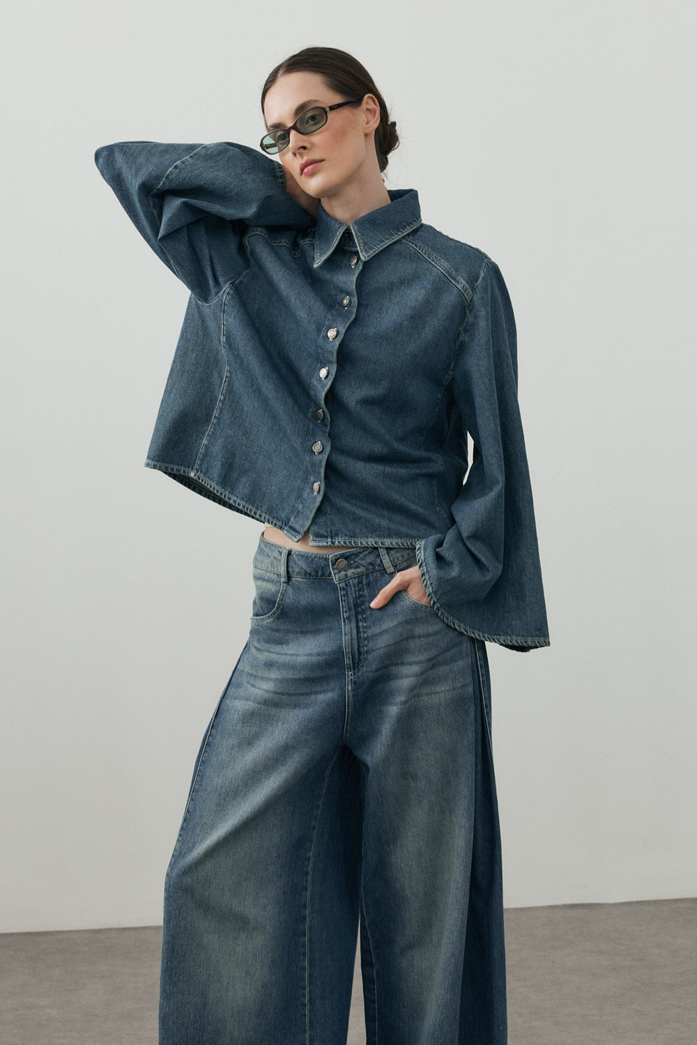 Geniş Kollu Denim Gömlek Tint Yeşil