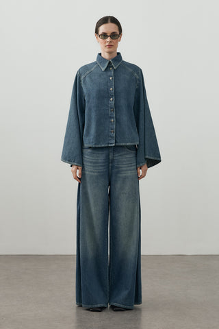 Geniş Kollu Denim Gömlek Tint Yeşil