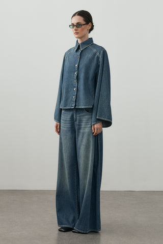 Geniş Kollu Denim Gömlek Tint Yeşil