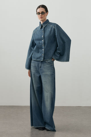 Geniş Kollu Denim Gömlek Tint Yeşil