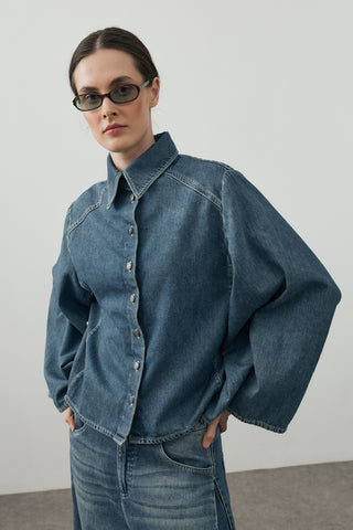 Geniş Kollu Denim Gömlek Tint Yeşil