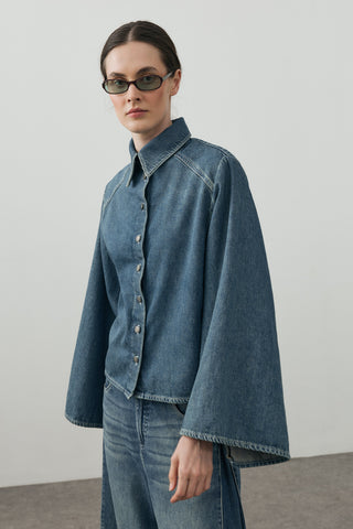 Geniş Kollu Denim Gömlek Tint Yeşil