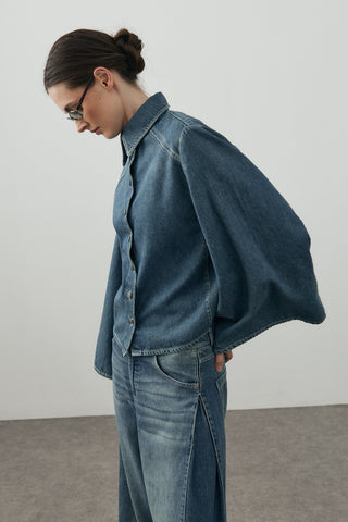 Geniş Kollu Denim Gömlek Tint Yeşil