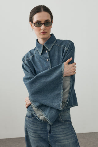 Geniş Kollu Denim Gömlek Tint Yeşil