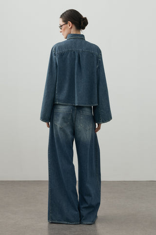 Geniş Kollu Denim Gömlek Tint Yeşil