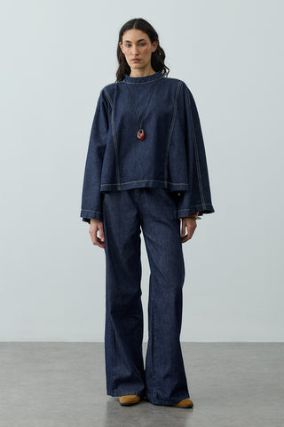 Geniş Kollu Denim Üst Lacivert
