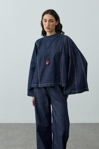 Geniş Kollu Denim Üst Lacivert