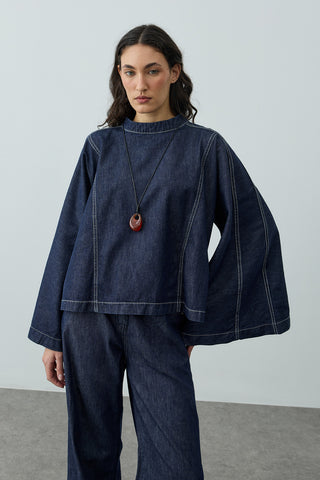 Geniş Kollu Denim Üst Lacivert