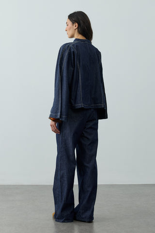 Geniş Kollu Denim Üst Lacivert