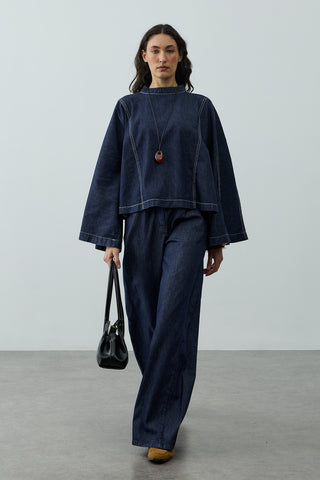 Geniş Kollu Denim Üst Lacivert