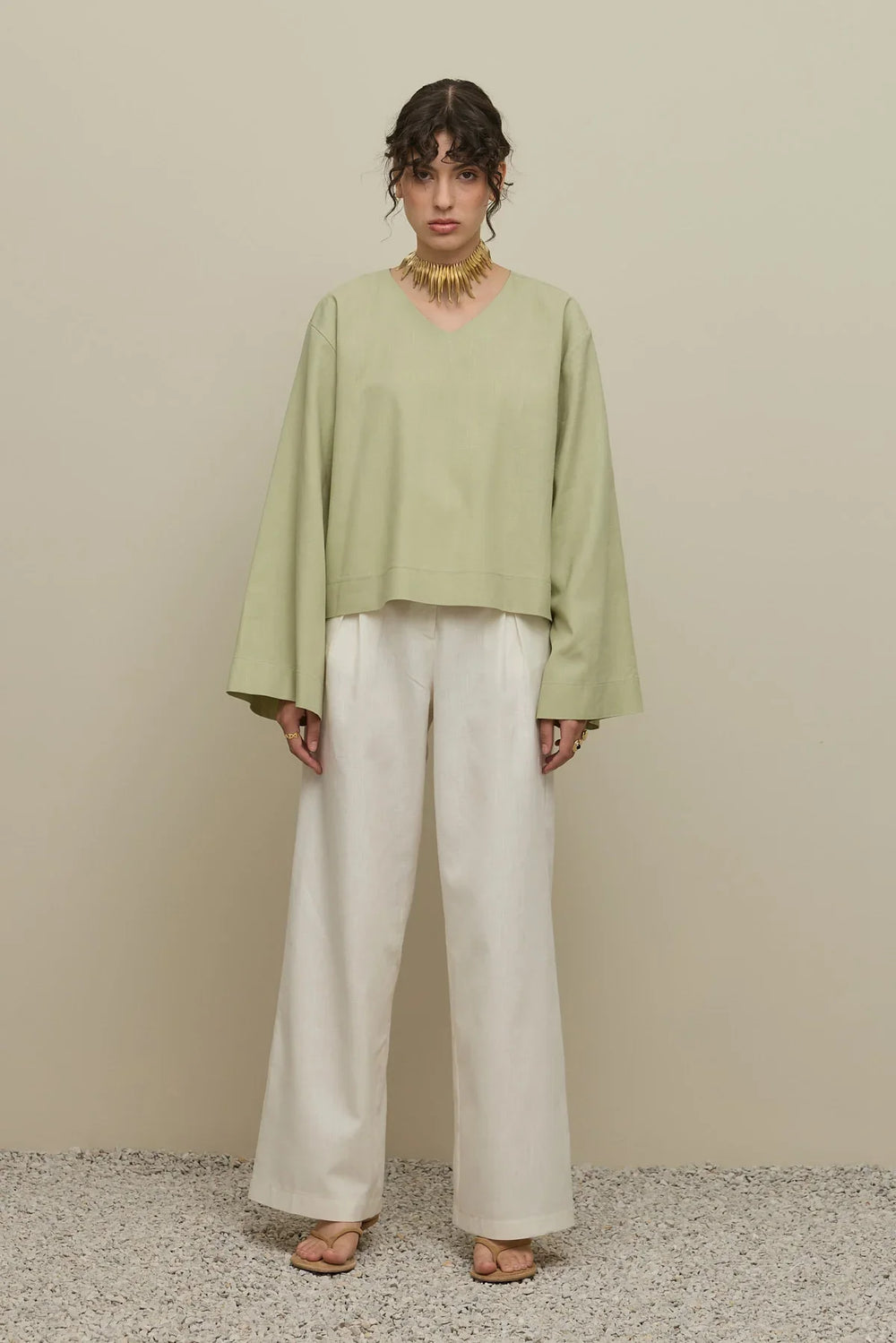 Wide Sleeve Linen Top Light Green
