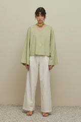Geniş Kollu Keten Üst Açık Yeşil