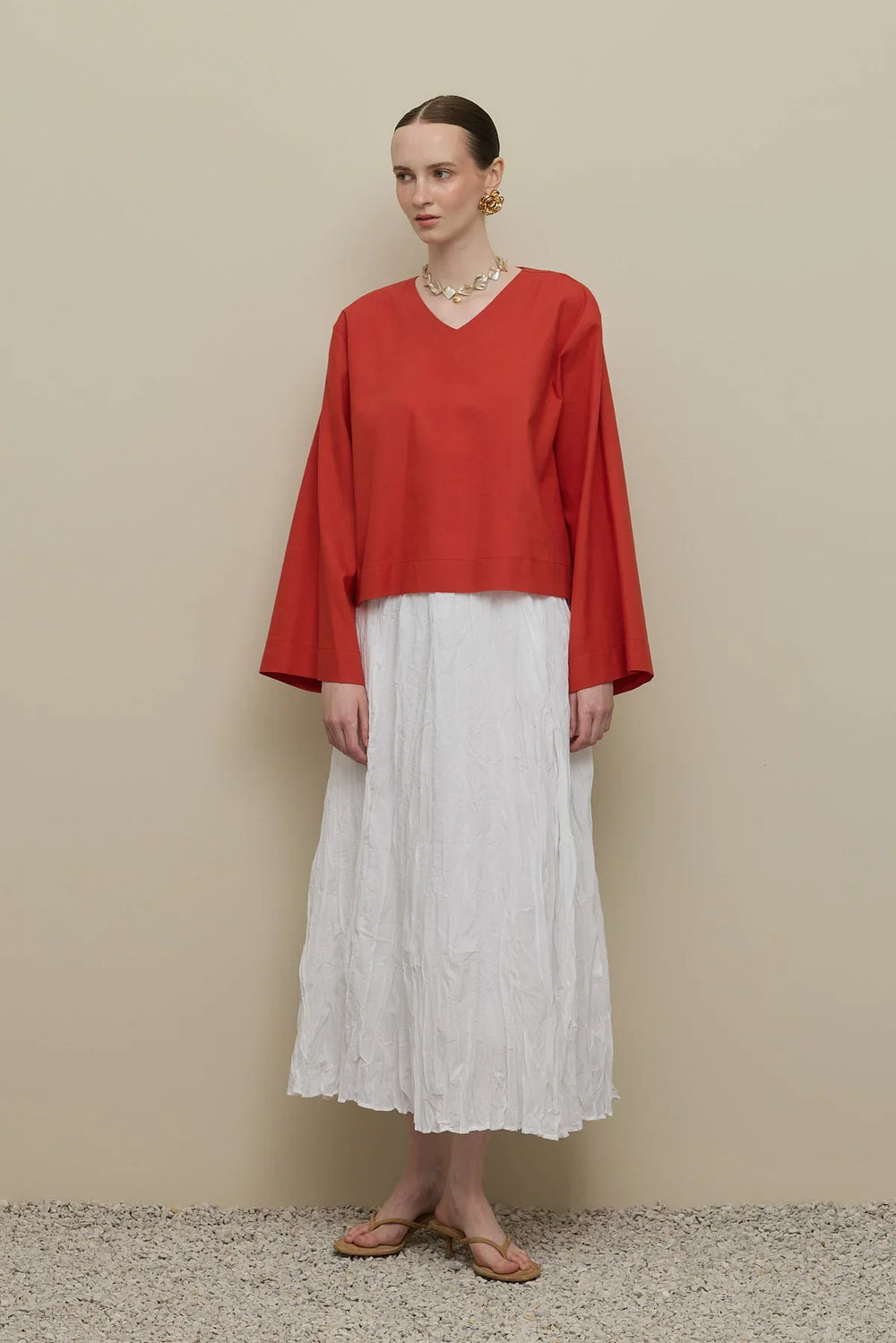 Wide Sleeve Linen Top Red