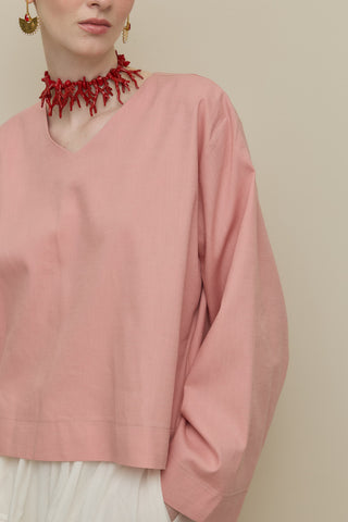 Geniş Kollu Keten Üst Pembe