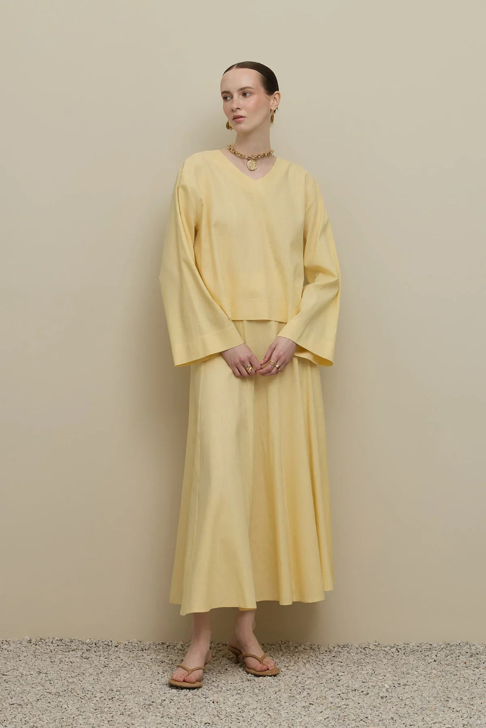 Wide Sleeve Linen Top Yellow