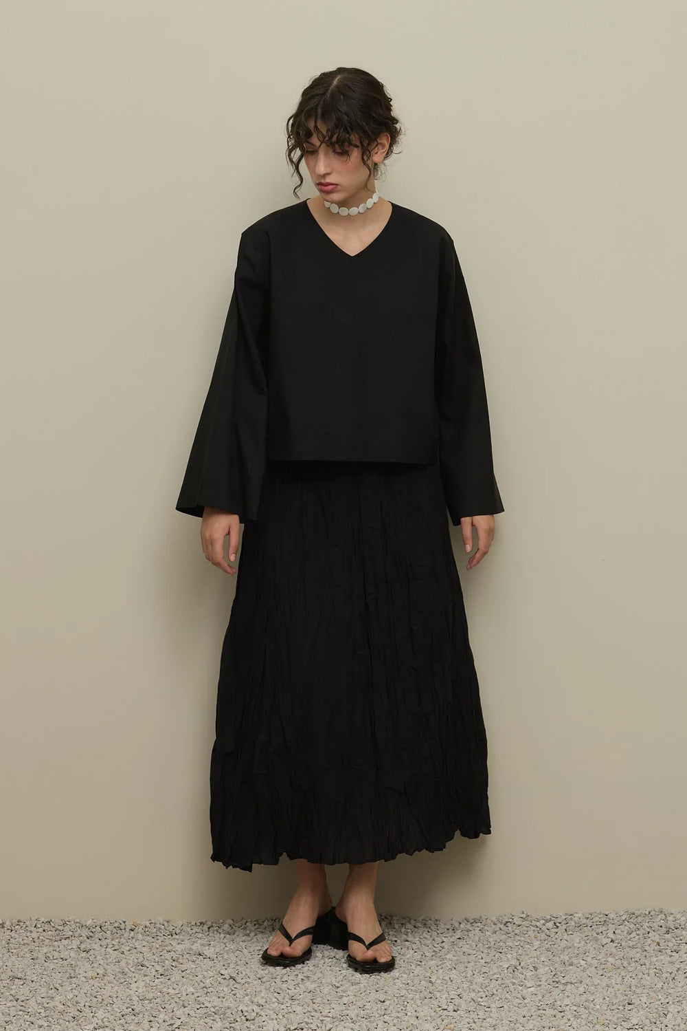 Wide Sleeve Linen Top Black