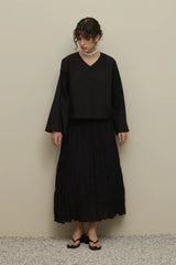 Geniş Kollu Keten Üst Siyah