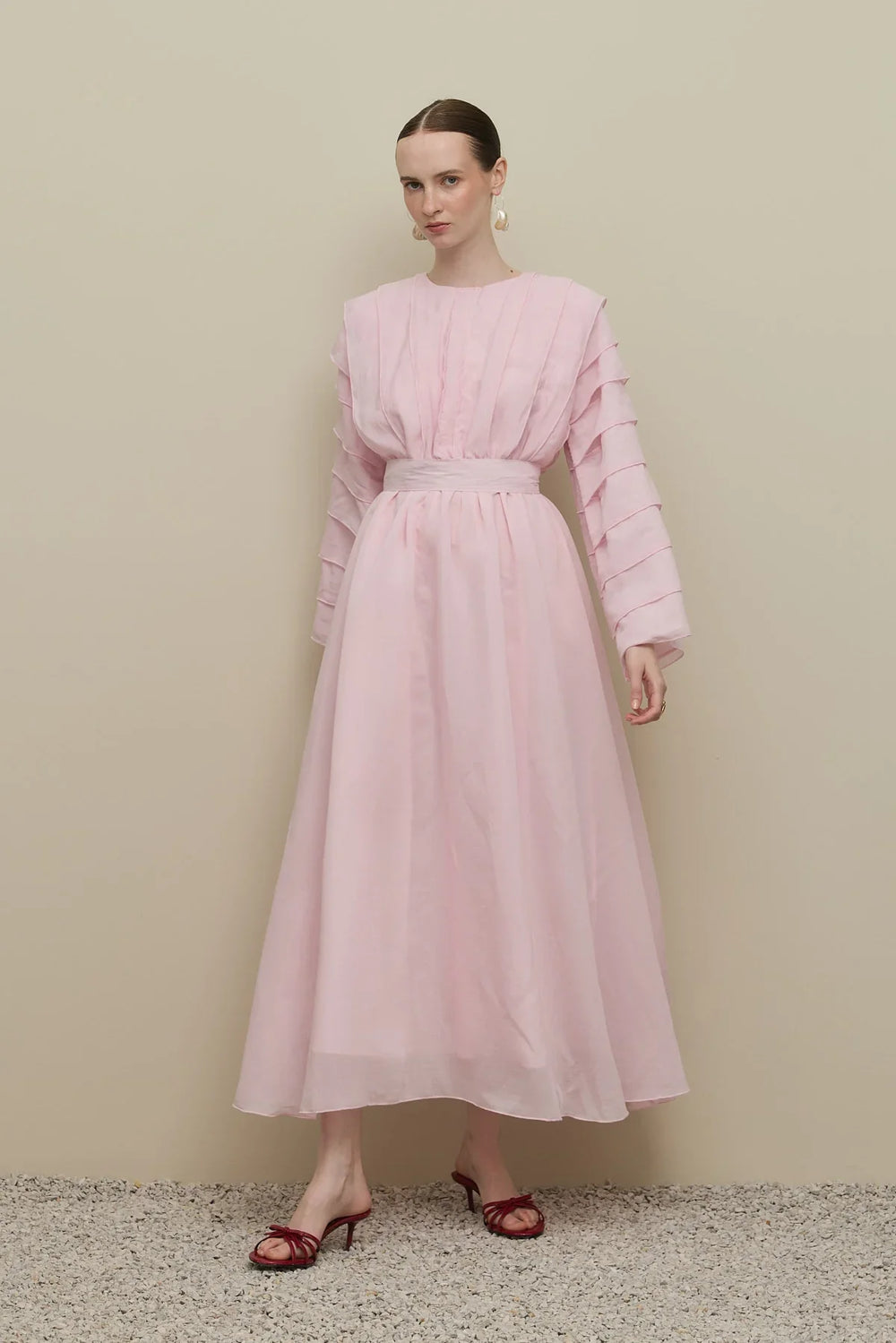 Wide Sleeve Ribbed Detail Dress Light Pink