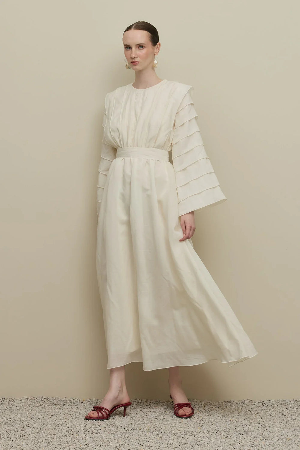 Wide Sleeve Ribbed Detail Dress in Ecru