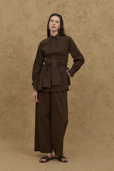 Wide Belted Linen Shirt Bitter Brown