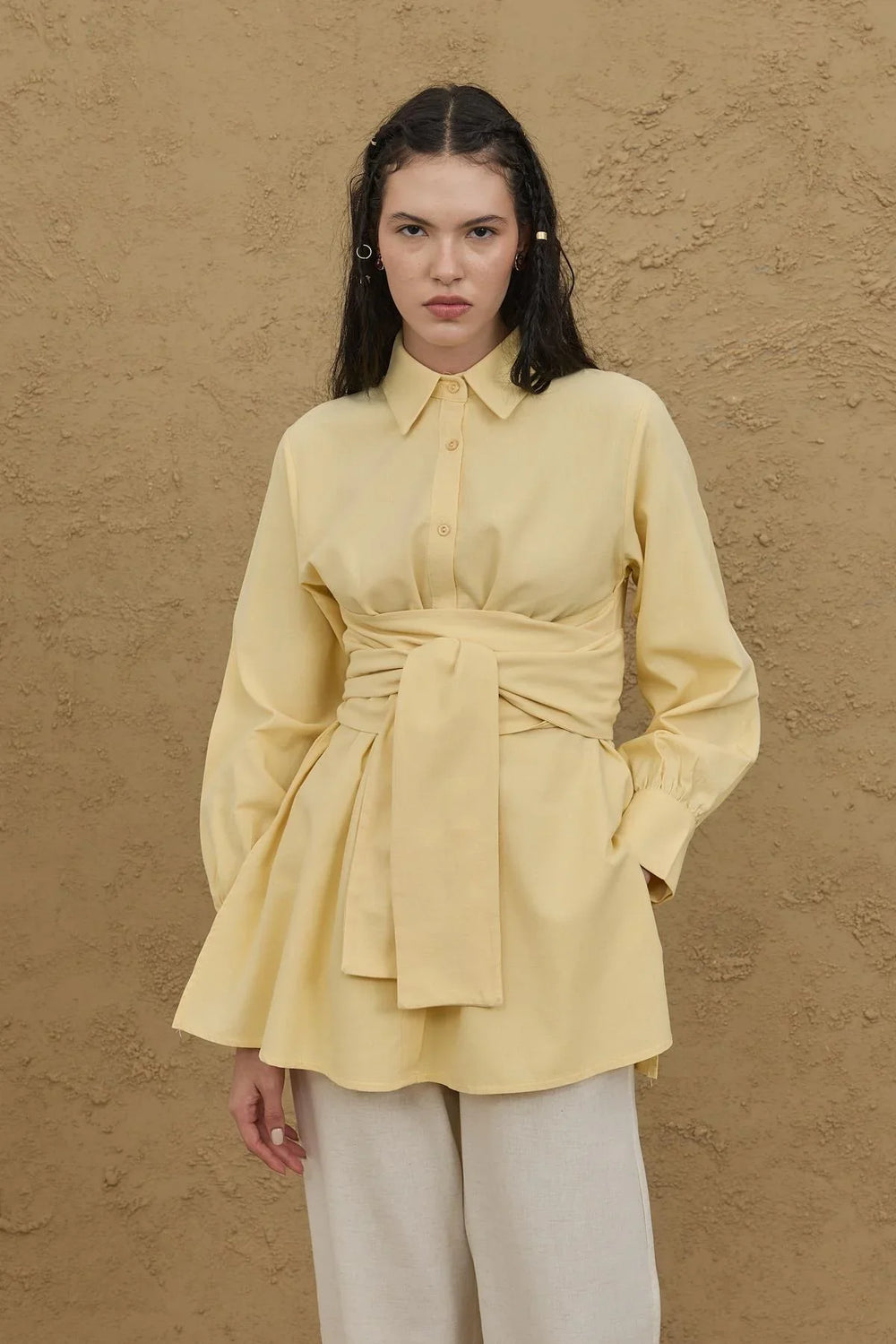 Wide Belted Linen Shirt Yellow