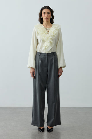 Geniş Pileli Palazzo Pantolon Gri