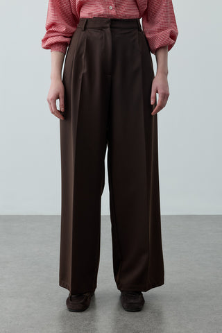 Geniş Pileli Palazzo Pantolon Kahverengi