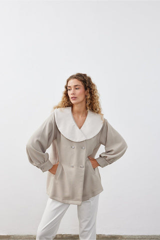 Geniş Yakalı Kadın Gömlek Ceket Taş Taş