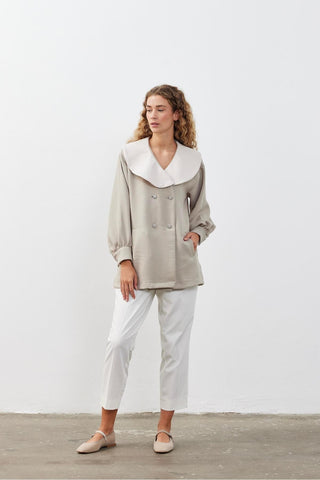 Geniş Yakalı Kadın Gömlek Ceket Taş Taş