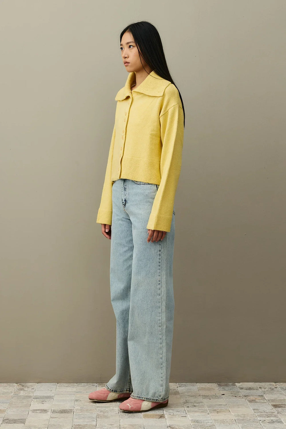 Wide Collar Mohair Cardigan Yellow