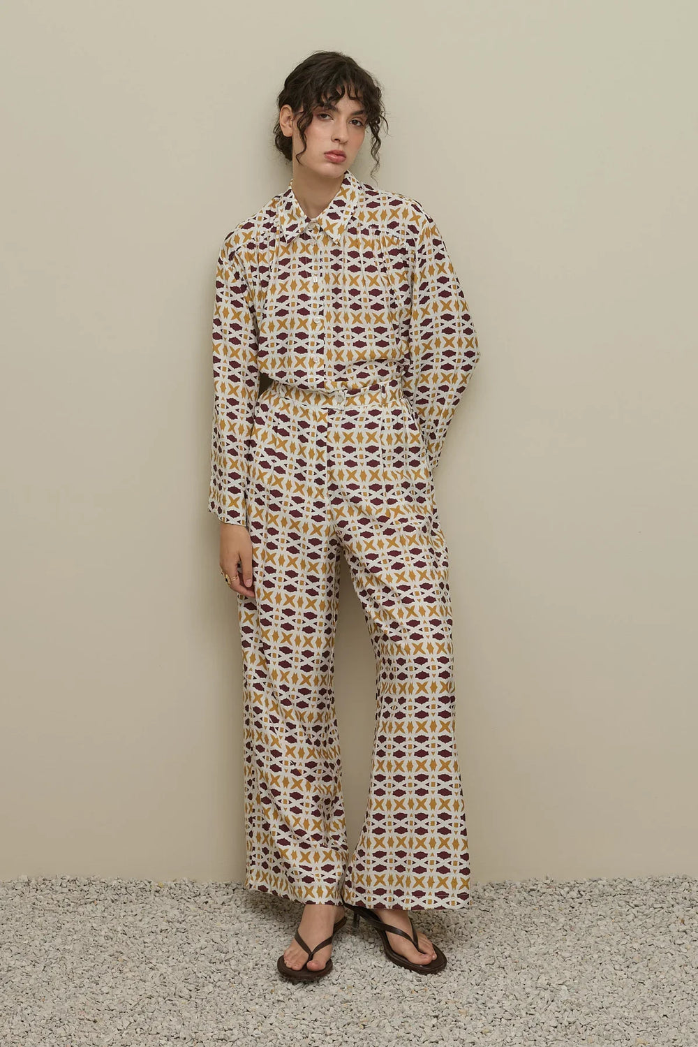 Geometric Patterned Shirt Set Ecru