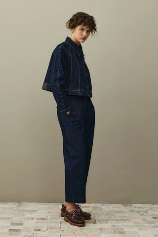 Godeli Crop Denim Ceket Koyu Mavi