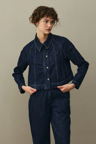 Godeli Crop Denim Ceket Koyu Mavi