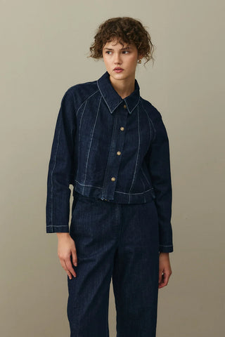 Godeli Crop Denim Ceket Koyu Mavi