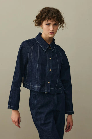 Godeli Crop Denim Ceket Koyu Mavi
