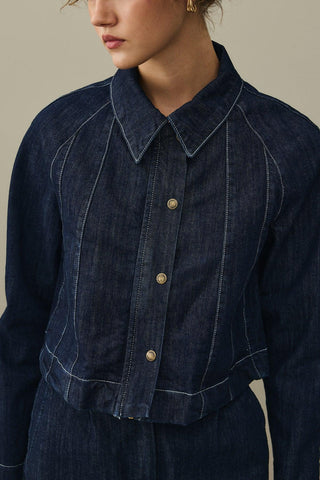 Godeli Crop Denim Ceket Koyu Mavi