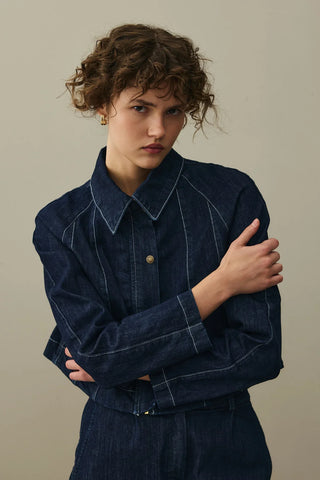 Godeli Crop Denim Ceket Koyu Mavi