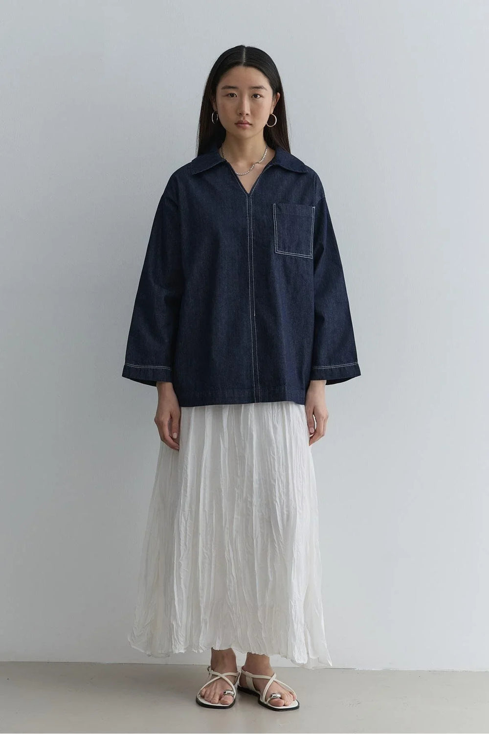 Shirt Collar Denim Top Navy Blue