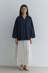 Shirt Collar Denim Top Navy Blue