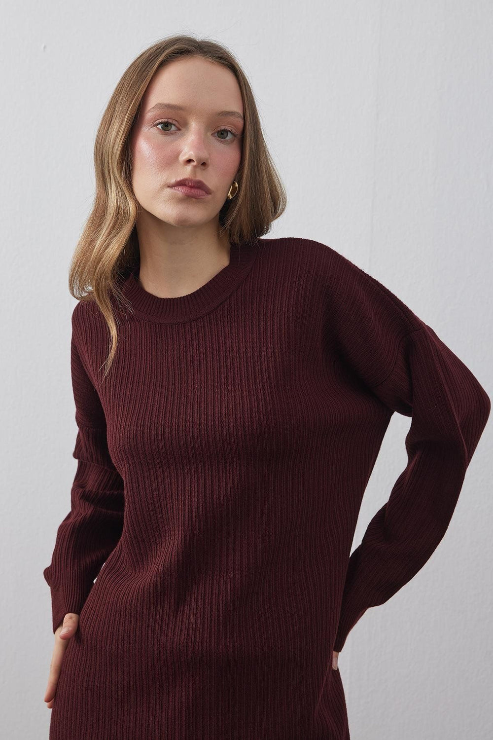 Fine Woven Plain Sweater Claret Red