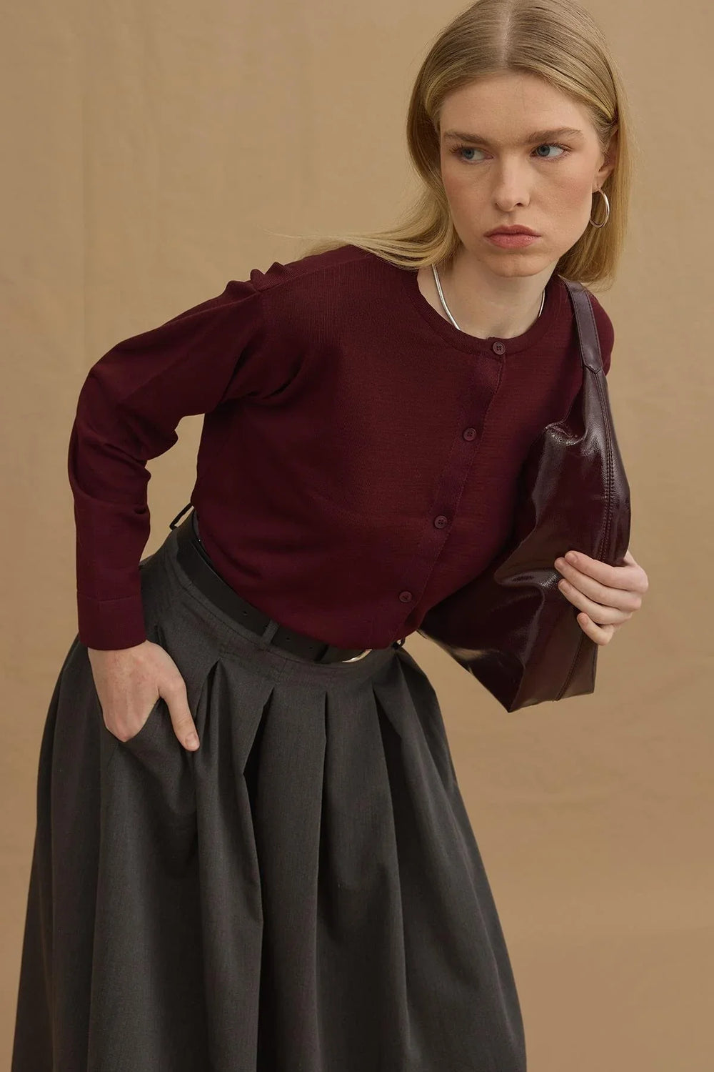 Fine Mercerized Cardigan Claret Red