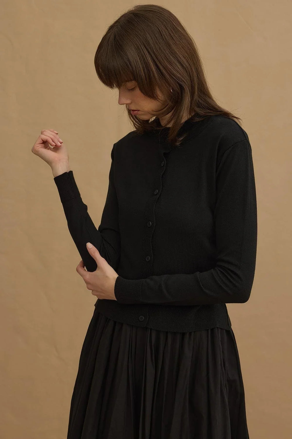 Thin Top and Buttoned Cardigan Black