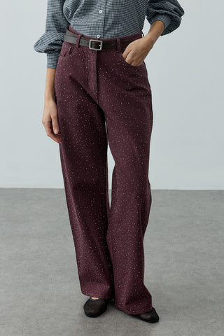 Işıltılı Baggy Straight Fit Denim Pantolon Bordo