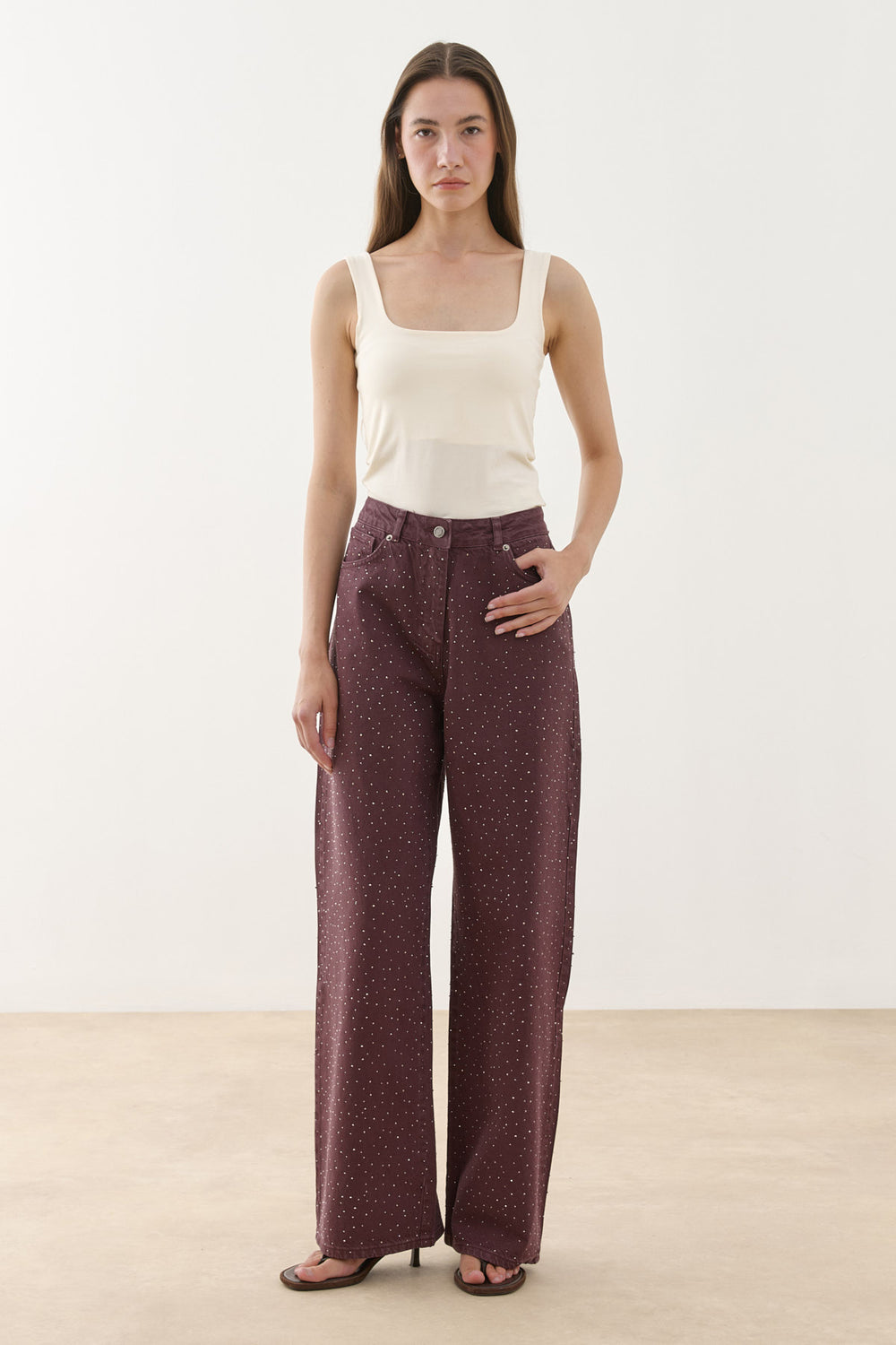 Işıltılı Baggy Straight Fit Denim Pantolon Bordo