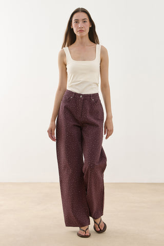 Işıltılı Baggy Straight Fit Denim Pantolon Bordo