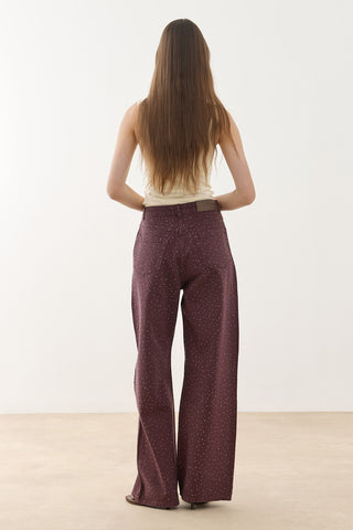 Işıltılı Baggy Straight Fit Denim Pantolon Bordo